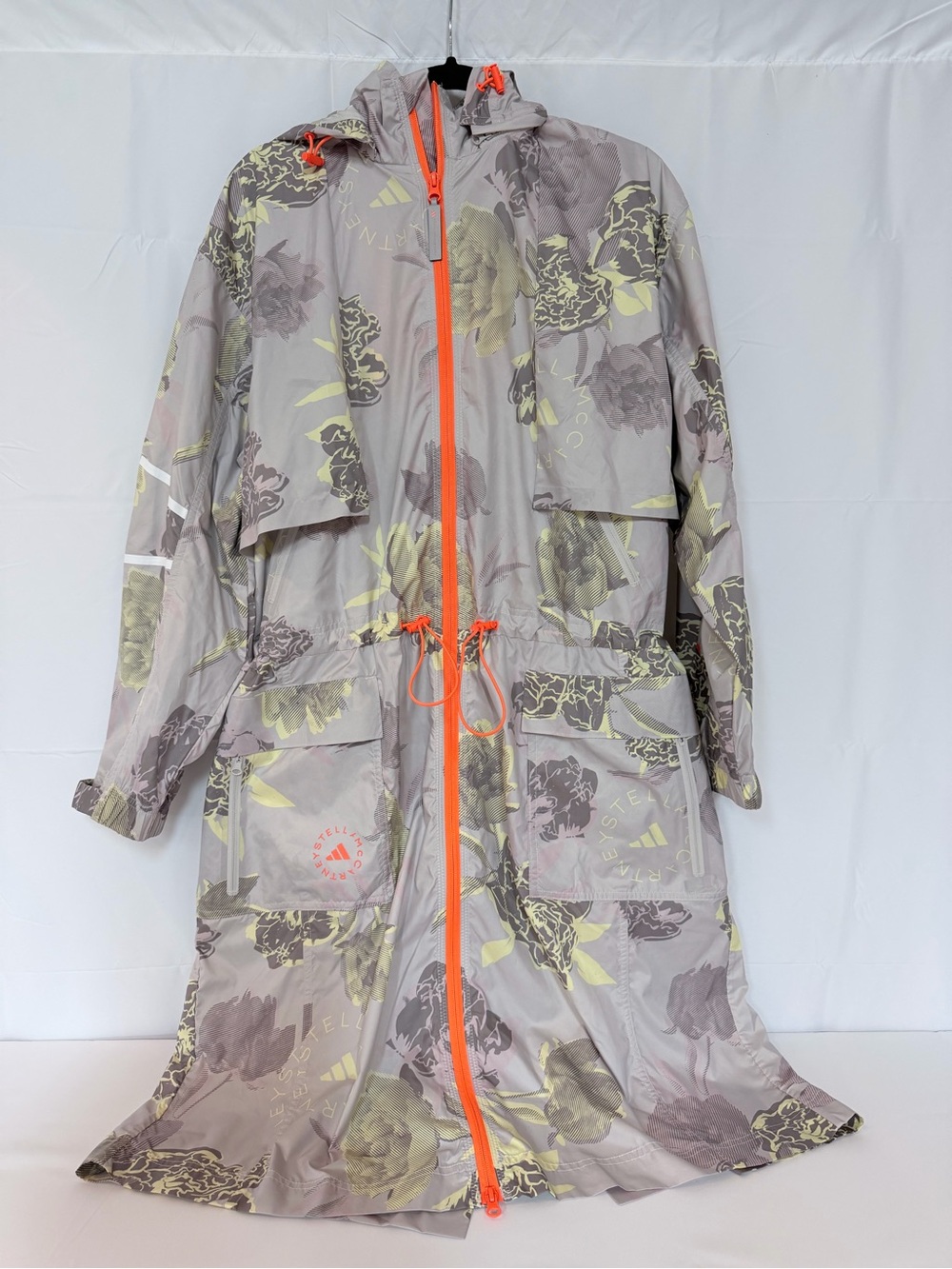 Stella McCartney Floral Light Gray Raincoat with Neon Orange Trim